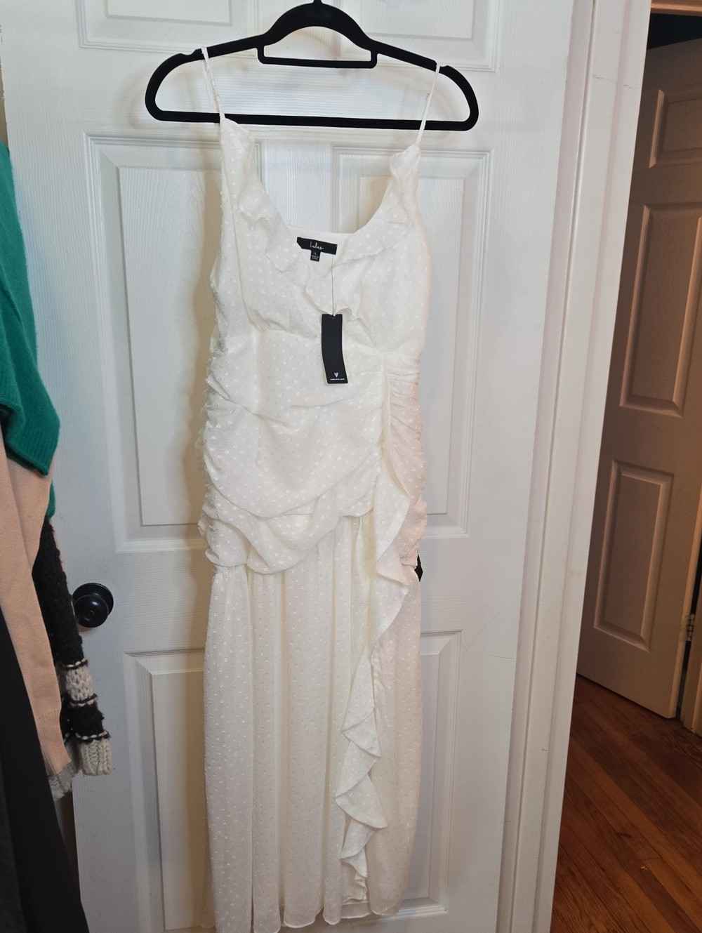 Lulu's Ivory/White Ruffle Midi Dress with Spaghetti Straps